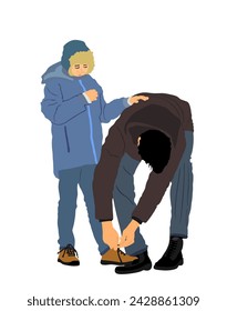 Father tying his sons shoelaces vector illustration isolated on white background. Dad ties shoestring to son. Parent helps child with boots. Man learning boy to put on shoes. Family winter day on snow