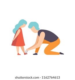 Father tying the laces of his little daughter, dad taking care of his child vector Illustration on a white background