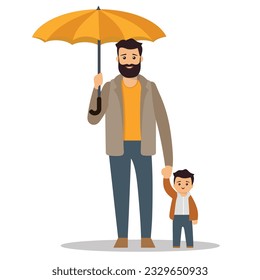 A Father with an Umbrella and His Son - A Vector Illustration Isolated on White Background