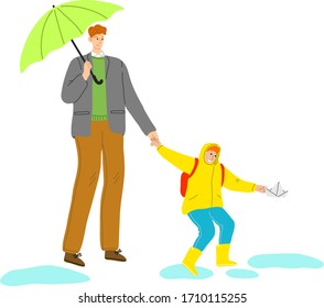 Father with umbrella walking with his little son and enjoying rainy weather