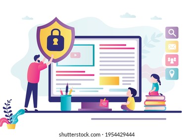 Father Using Content Control Software. Dad Provides Safe Internet For Children. Concept Of Parental Control And Media Content Limitations. Access Restrict. Safe Internet For Kids. Vector Illustration