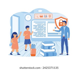 Father using content control software. Dad provides safe internet for children.  flat vector modern illustration 