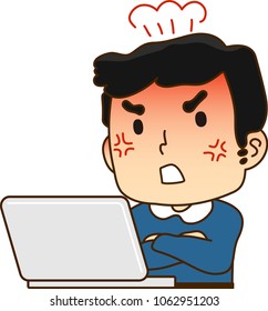 Father using a laptop computer,Get enraged