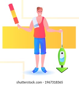 father using vacuum cleaner man cleaner doing housework cleaning concept full length