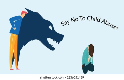 Father violently abuses his child. Vector image of father approaching his child like a monster and shadow of dad on the wall looks like a monster
