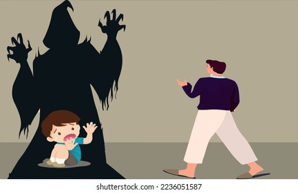 Father violently abuses his child. Vector image of father approaching his child like a monster and shadow of dad on the wall looks like a monster