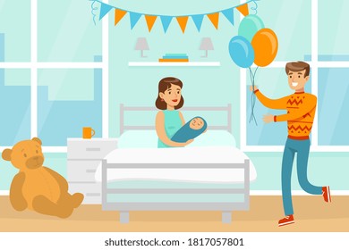 Father Visiting Newborn Baby with Colorful Balloons, Woman Lying on Bed and Holding Newborn Baby Cartoon Vector Illustration