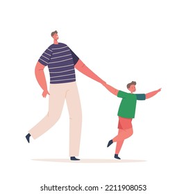 Father Walk with Son Isolated on White Background. Child Holding Dad Hand, Happy Family Characters Spend Time Together, Activity, Outdoors Walking and Communicate. Cartoon People Vector Illustration