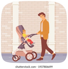 Father walking along city street with baby sitting in stroller. Dad on maternity leave with child