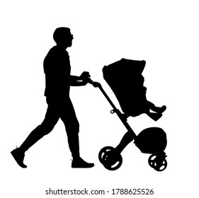 Father walking with baby in pram vector silhouette isolated on white background. Happy family values. Parent with baby in carriage. Fathers day. Man takes care of child.