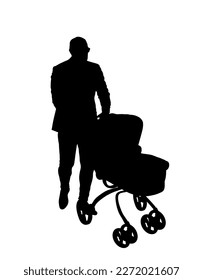 Father walking with baby in pram vector silhouette illustration isolated on white background. Happy family values. Parent with baby in carriage. Fathers day. Man takes care of child in outdoor enjoy.