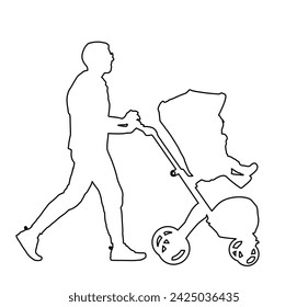 Father walking with baby in pram vector line contour silhouette illustration isolated. Happy family values. Parent with baby in carriage. Fathers day. Man takes care of child in outdoor enjoy.