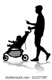 Father walking with a baby in a stroller.