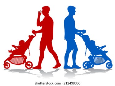 Father walking with a baby in a stroller