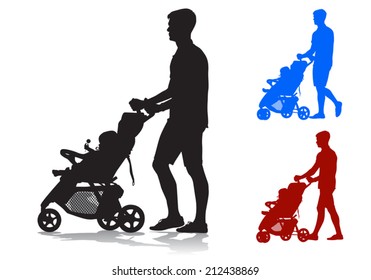 Father walking with a baby in a stroller