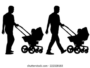 Father walking with a baby in a stroller
