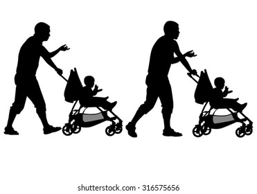 Father walking with a baby in a stroller