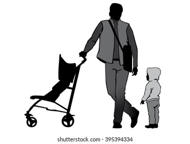 Father walking with a baby in a stroller.