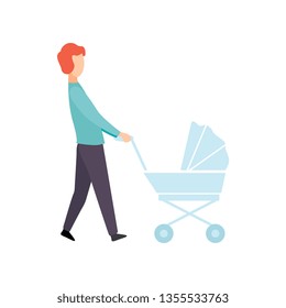 Father Walking with Baby Stroller, Parent Taking Care of His Child Vector Illustration