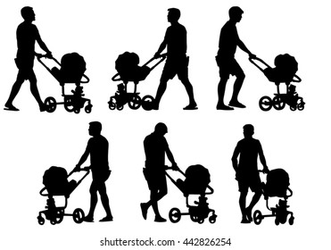 Father Walking With A Baby In A Stroller. Silhouette On A White Background.