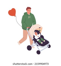 Father walking with baby in stroller. Young dad going with little child in pram. Man daddy strolling with kid toddler in carriage outdoors. Flat vector illustration isolated on white background