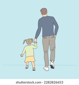 Father walking with a child hand in hand. Dad and daughter. Father's Day theme. Vector art