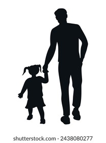 Father walking with a child hand in hand. Dad and daughter silhouette. Fathers Day theme. Vector art