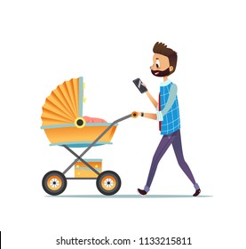 Father walking with child lying in pram and texting message on smartphone. Dad carrying stroller with his newborn baby isolated on white background. Fatherhood or parenthood. Vector illustration.