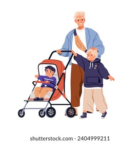 Father walking with children. Dad strolling with toddler kid in stroller and elder son. Happy man parent with boy in pram and brother child. Flat vector illustration isolated on white background