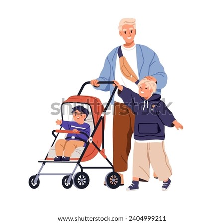 Father walking with children. Dad strolling with toddler kid in stroller and elder son. Happy man parent with boy in pram and brother child. Flat vector illustration isolated on white background
