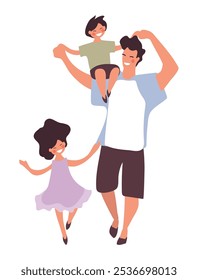 Father walking and dancing with son and daughter, happy family, father's day card, flat cartoon vector illustration isolated on white background.