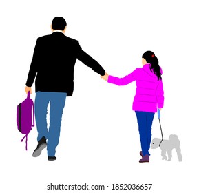 Father Walking With Daughter After Work Vector Illustration. Holding Hands. Happy Girl Walking With Dad And Her Little Dog Vector. Fathers Day, Happy Birthday Gift, Lovely Pet Dog For Girl.