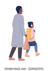 Father walking daughter to school semi flat color vector characters. Editable figures. Winter outfits. Full body people on white. Simple cartoon style illustration for web graphic design and animation