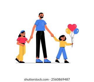 Father Walking With Daughters Holding Balloons In Flat Vector Illustration Symbolizing Family Bond, Fun, And Outdoor Activity, Isolated On White Background