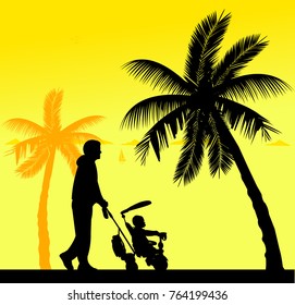 Father walking with his baby on a tricycle on the beach, one in the series of similar images silhouette