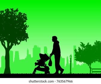 Father walking with his baby in a stroller in the park, one in the series of similar images silhouette