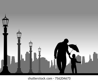 Father walking with his child on the street with umbrella, one in the series of similar images silhouette