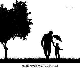 Father walking with his child in park with umbrella, one in the series of similar images silhouette