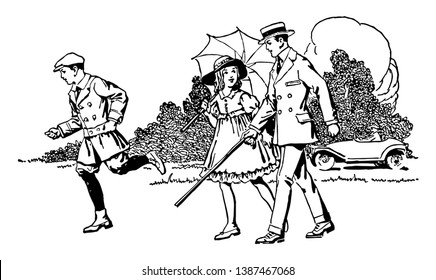 A father is walking with his daughter and son. Daughter has holding umbrella in her hands. They are strolling with each other, vintage line drawing or engraving illustration.