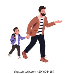 Father walking his son to school. Happy dad and child going and talking together. Young daddy and boy kid. Parent and schoolboy with schoolbag. Flat vector illustration isolated on white background