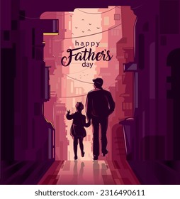 Father walking with a little girl  in the city street. father and daughter in the glow of the city illustration. happy fathers day