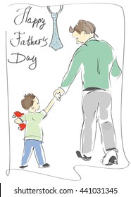 Father is walking with the little son. Vector hand drawn illustration. Fathers Day, Parenthood, Fathering concept.