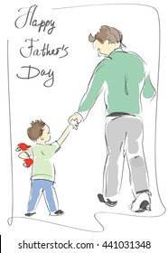 Father is walking with the little son. Vector hand drawn illustration. Fathers Day, Parenthood, Fathering concept. 