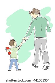 Father is walking with the little son. Vector hand drawn illustration. Fathers Day, Parenthood, Fathering concept.