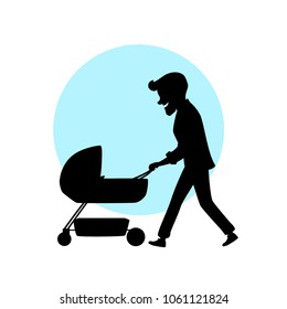  father walking with newborn child in a pram vector illustration cartoon silhouette scene