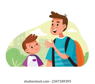 Padre caminando con su hijo. Papá y su hijo nos ahorran tiempo juntos. Hijo con padre