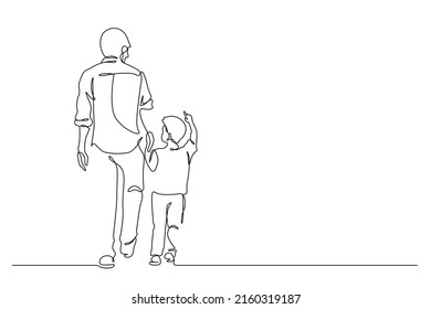 Father walking with son and holding hands line art vector illustration. One line drawing and continuous style