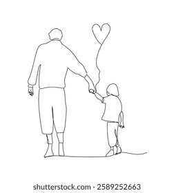 Father walking with son and holding hands line art vector illustration. One line drawing and continuous style.  Father's Day, loving family, parenthood childhood concept. Hand made vector not Al