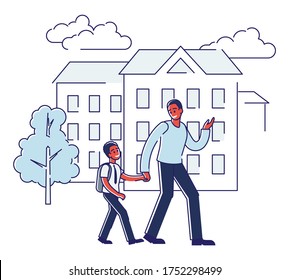 Father Walking Son To School. African American Man Holding Schoolboy Hand Over School Building Background. Cartoon Dad And Little Kid Preschooler With Schoolbag. Vector Illustration