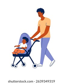 Father Walking with Toddler in Stroller Flat Vector Illustration. Happy Dad Pushing Baby Stroller Modern Parenting Concept. Family Walk Father with Child in Pram Simple Flat Design